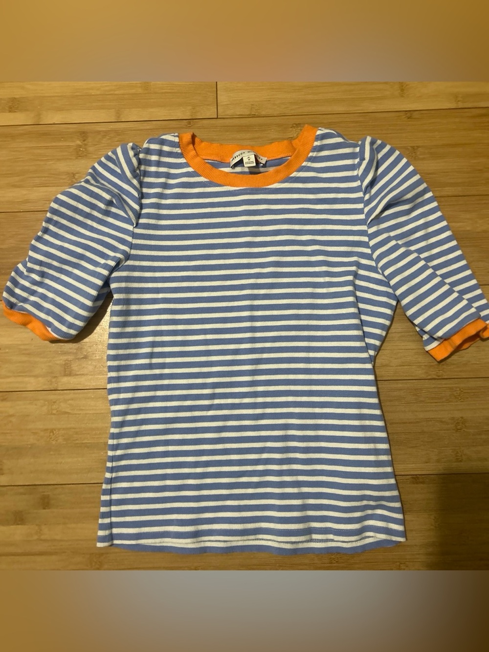 Rebecca Minkoff Blue & White Striped Short Sleeve Tee with Orange Trim